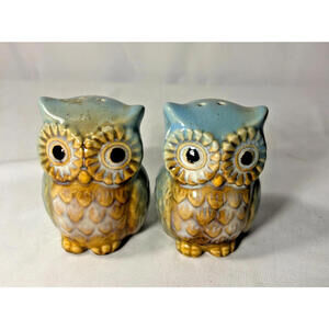 Mid-Century Owl Salt & Pepper Shakers Ceramic Blue Tan Collectible 2.75"